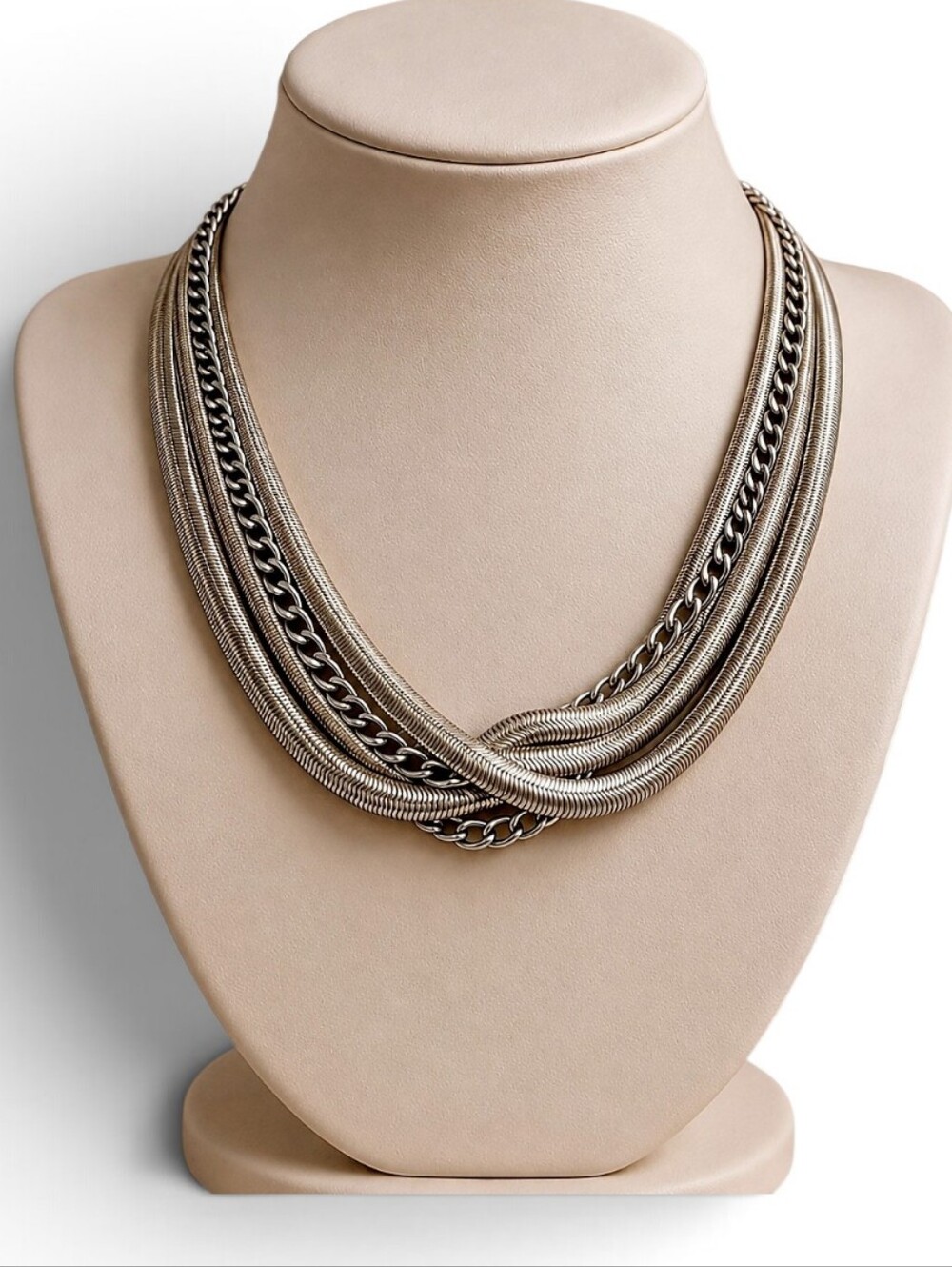 Vintage 60s Multi-Strand Silver Collar Necklace Chunky Snake & Curb Chain
